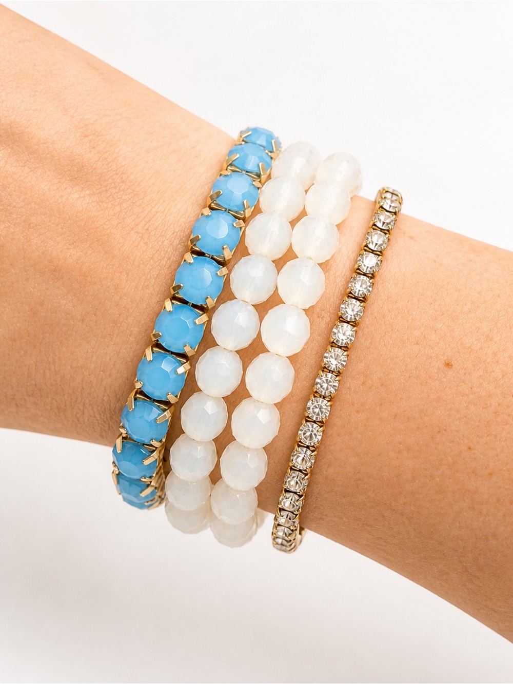 Blue White Beaded Bracelet Stack Gold Rhinestone 4-Piece Set